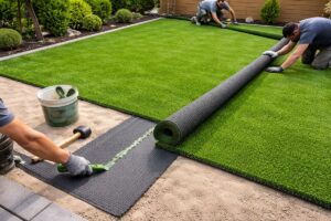 Instalación de césped artificial en jardín